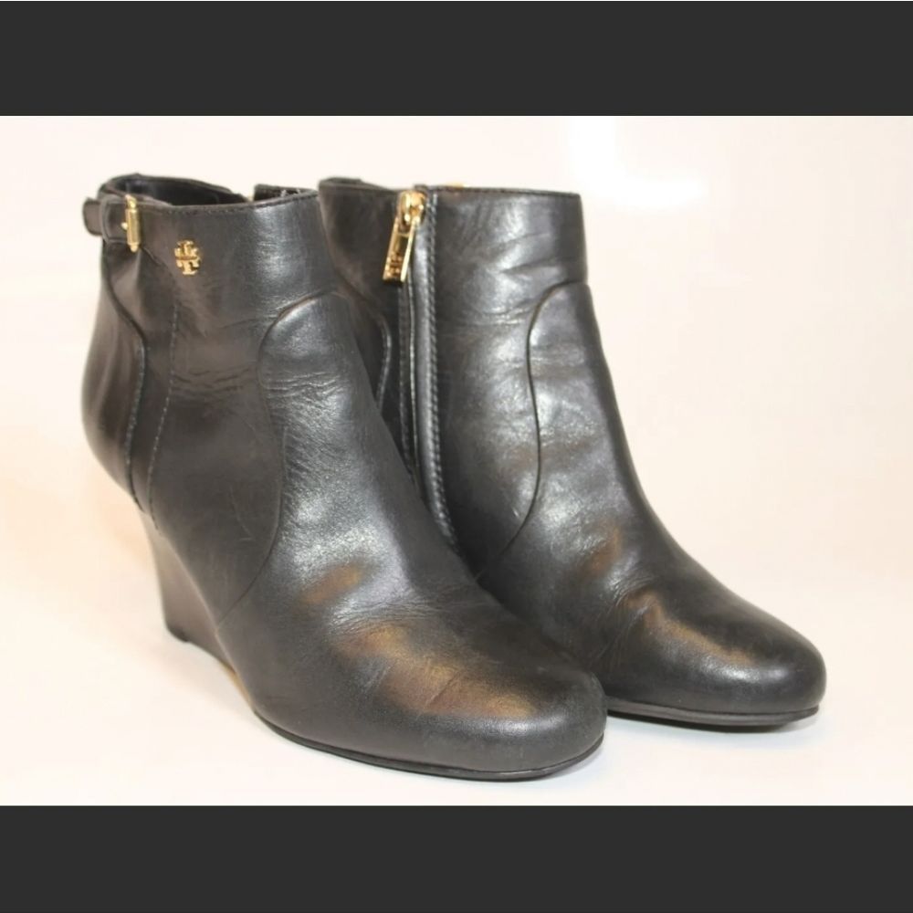 Tory Burch Womens 7 M Leather Wedge Heeled Zip Ankle Boots 👢 Booties - Picture 9 of 13
